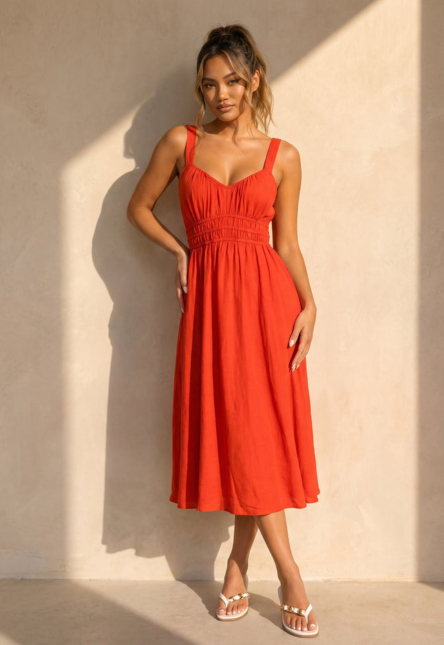 NEW170626 Oranje Midi Jurk met Stretch
