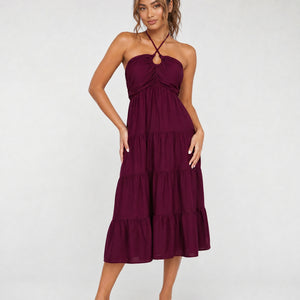 NEW170626 Paarse Halter Midi Jurk met Volants