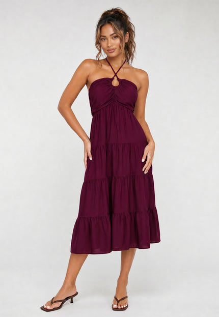 NEW170626 Paarse Halter Midi Jurk met Volants