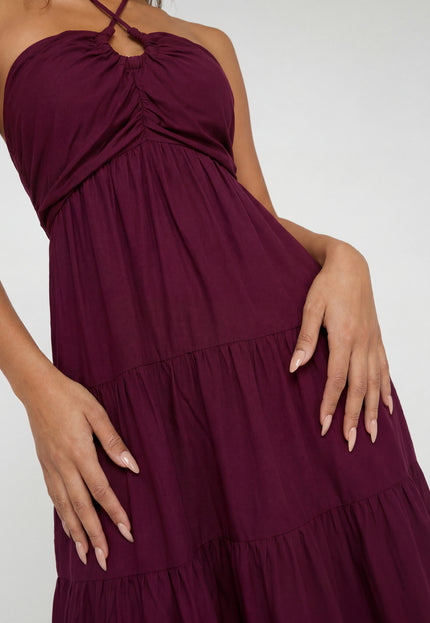 NEW170626 Paarse Halter Midi Jurk met Volants