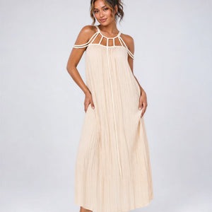 NEW170626 Perzik Mousseline Maxi Jurk