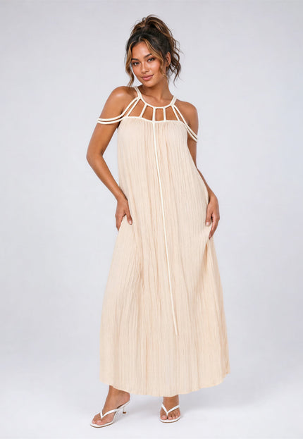 NEW170626 Perzik Mousseline Maxi Jurk