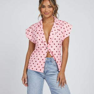 NEW170626 Roze Blazer Top met Rode Stippenprint
