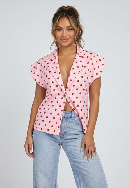 NEW170626 Roze Blazer Top met Rode Stippenprint