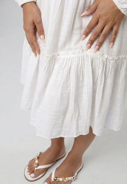 NEW170626 Witte Mousseline Mini Jurk met V-Hals