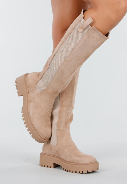 NEW170925 Beige Lange Boots met Blokzool