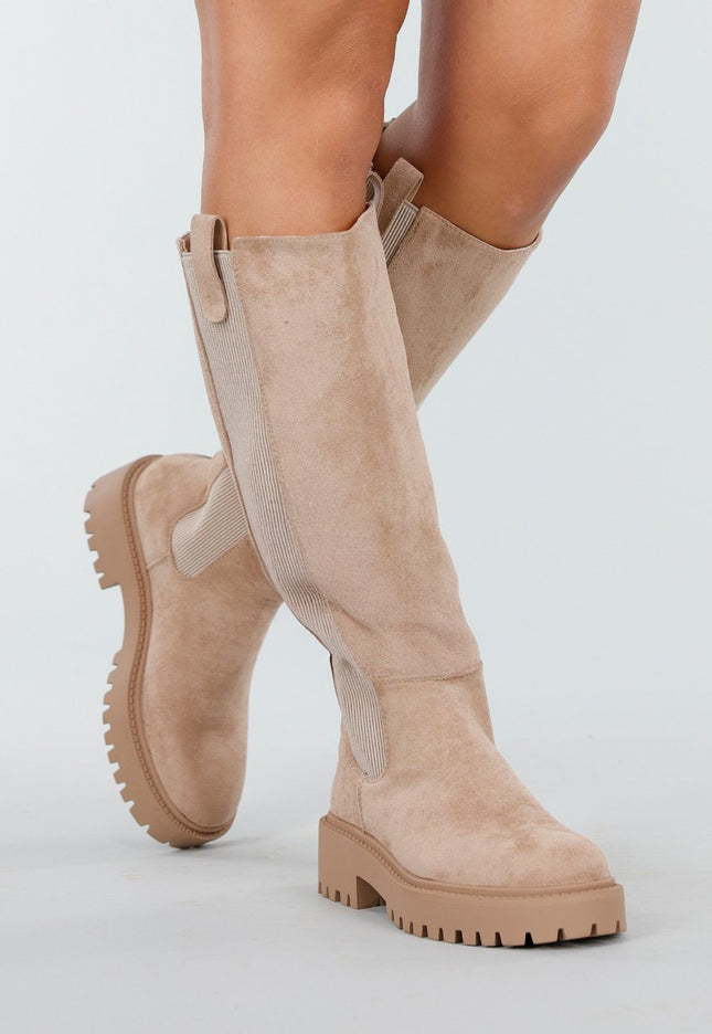 NEW170925 Beige Lange Boots met Blokzool