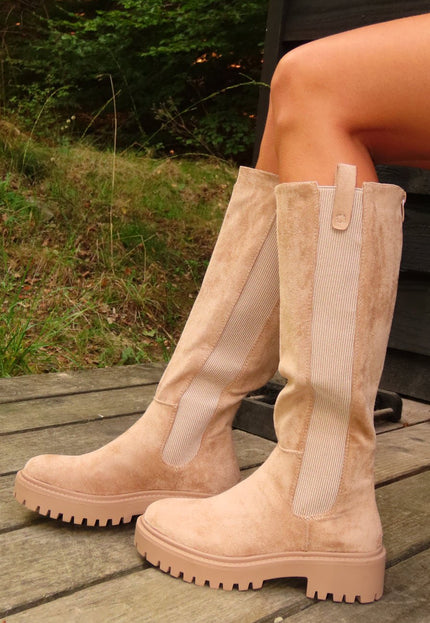 NEW170925 Beige Lange Boots met Blokzool