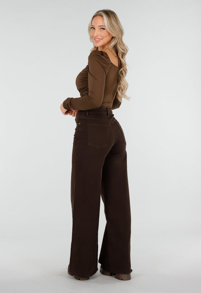 NEW170925 Bruine V-Hals Top met Plooien