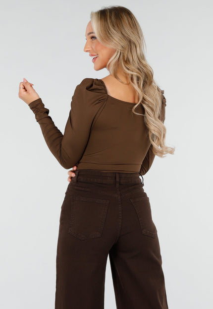 NEW170925 Bruine V-Hals Top met Plooien