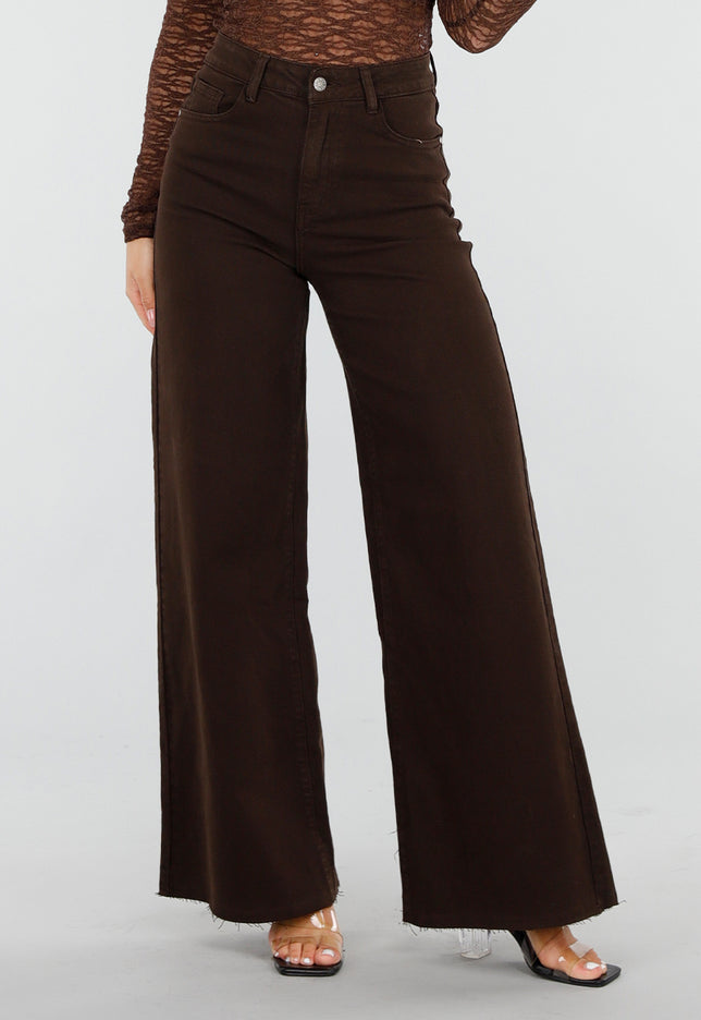 OP=OP.08.NL Denim Stretch Broek in Bruin met Wijde Pijpen