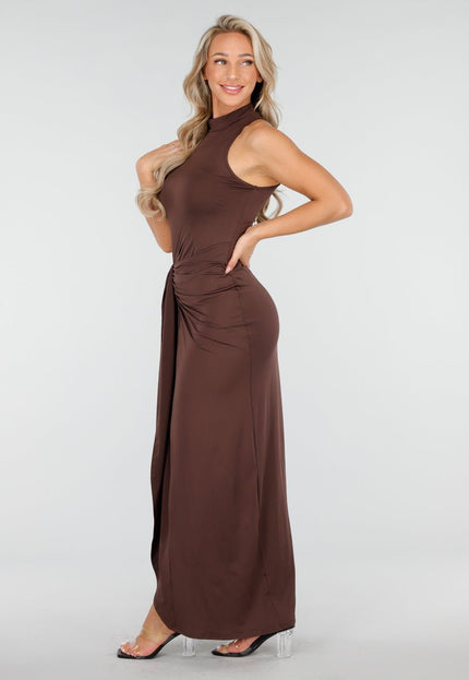 NEW170925 Donkerbruine Avondjurk met Split
