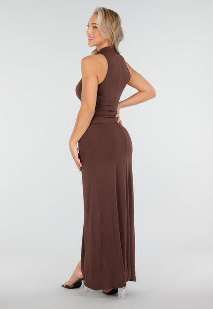 NEW170925 Donkerbruine Avondjurk met Split
