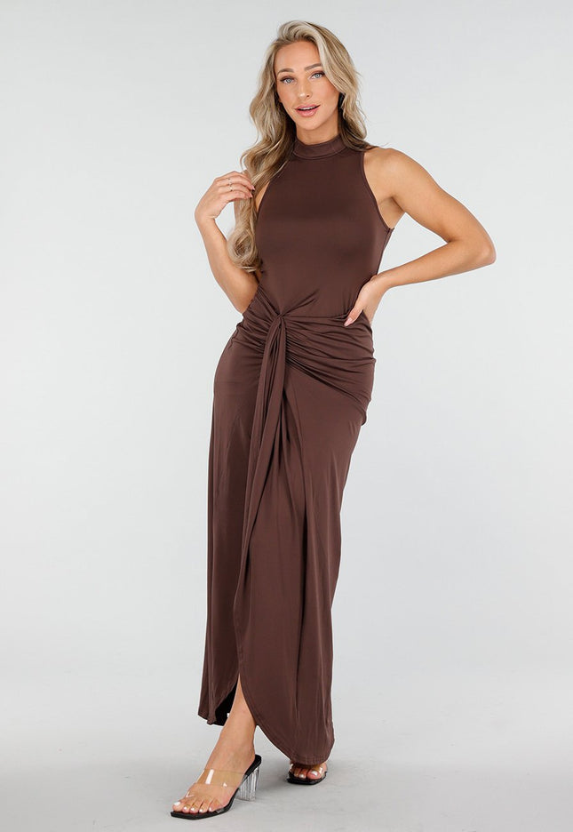 NEW170925 Donkerbruine Avondjurk met Split