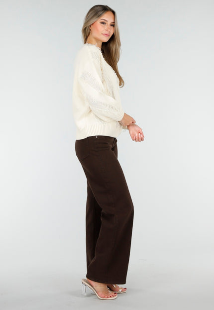 OP=OP.AV.10 Gebreide Sweater in Crème met V-Patroon