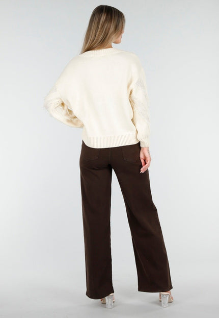 OP=OP.AV.10 Gebreide Sweater in Crème met V-Patroon