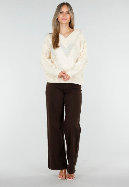 OP=OP.AV.10 Gebreide Sweater in Crème met V-Patroon