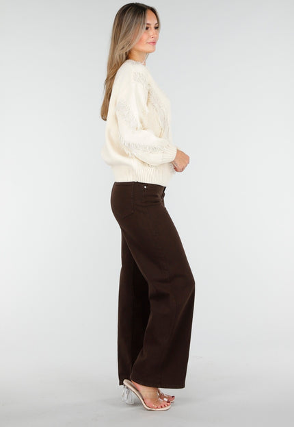 OP=OP.AV.10 Gebreide Sweater in Crème met V-Patroon