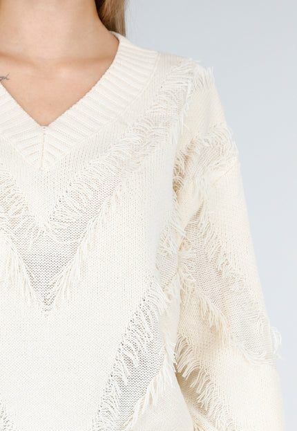 OP=OP.AV.10 Gebreide Sweater in Crème met V-Patroon