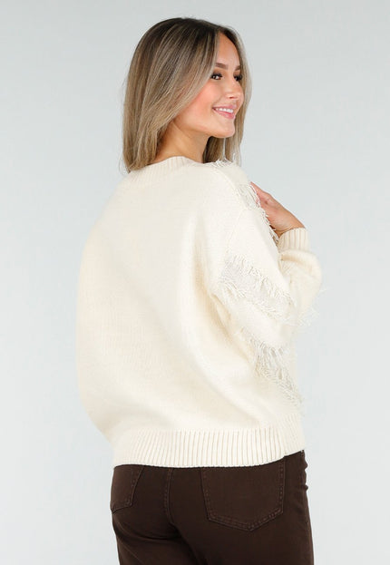OP=OP.AV.10 Gebreide Sweater in Crème met V-Patroon