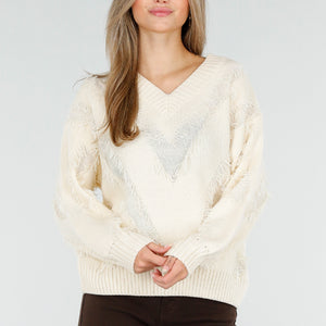 OP=OP.AV.10 Gebreide Sweater in Crème met V-Patroon