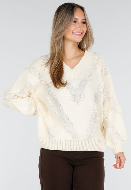 OP=OP.AV.10 Gebreide Sweater in Crème met V-Patroon