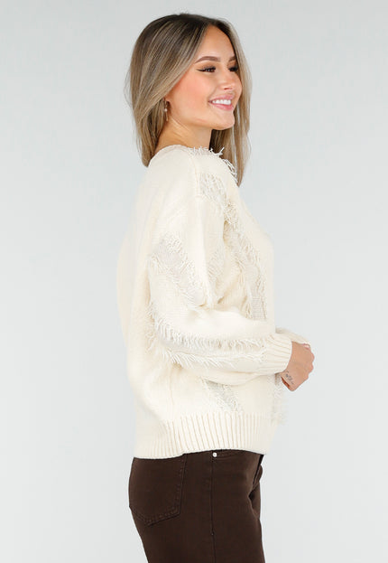 OP=OP.AV.10 Gebreide Sweater in Crème met V-Patroon