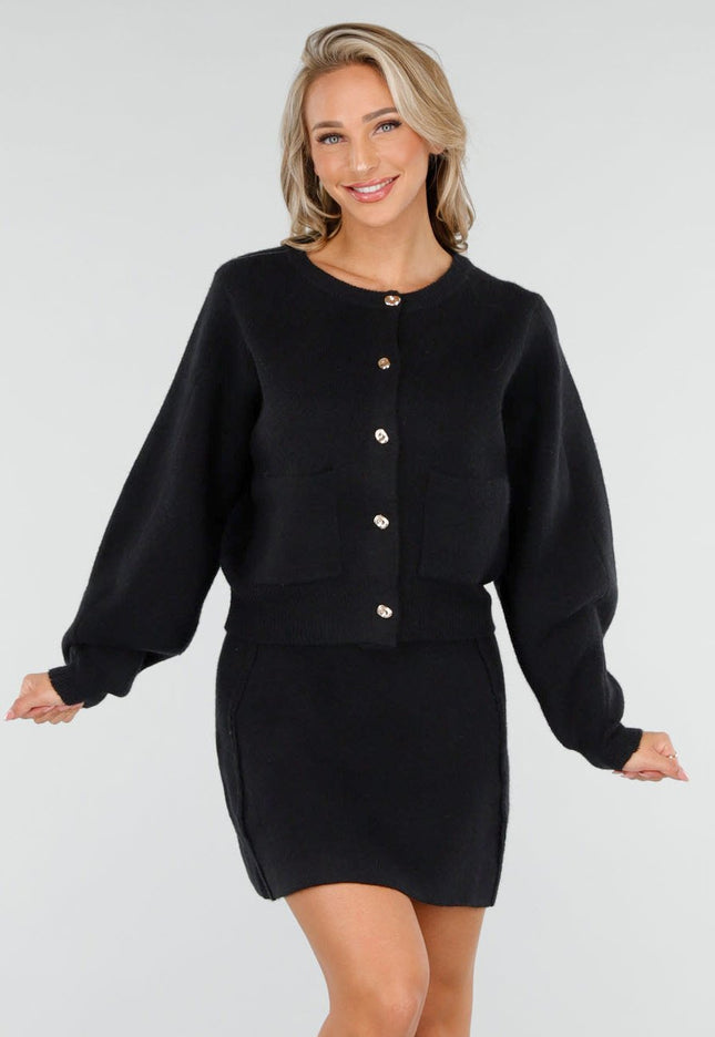 NEW170925 Gebreide Twinset in Zwart met Rok