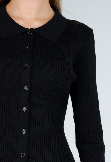 OP=OP.AV.10 Geribde Lange Mouwen Top in Zwart