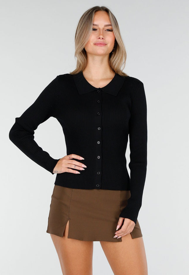 OP=OP.AV.10 Geribde Lange Mouwen Top in Zwart