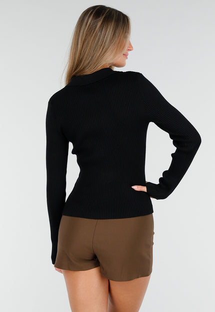 OP=OP.AV.10 Geribde Lange Mouwen Top in Zwart