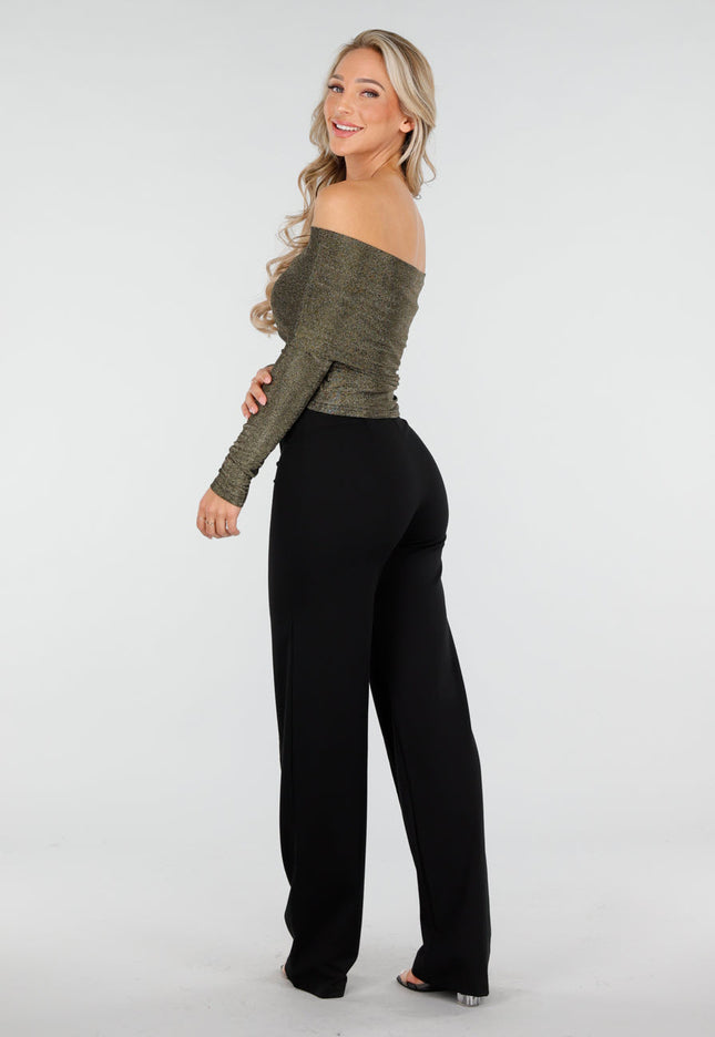 OP=OP.AV.12 Gouden Stretch Off Shoulder Glitter Top