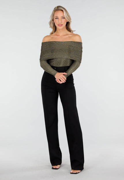 OP=OP.AV.12 Gouden Stretch Off Shoulder Glitter Top