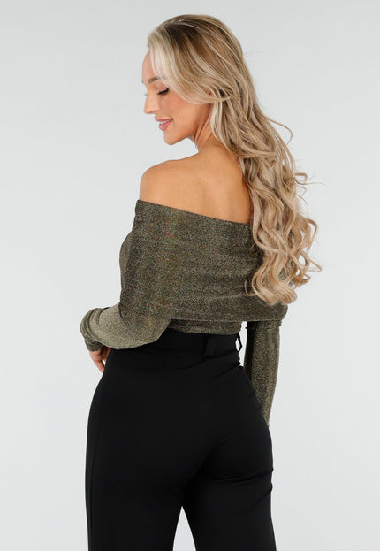 OP=OP.AV.12 Gouden Stretch Off Shoulder Glitter Top