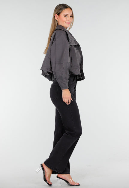 OP=OP.AV.10 Grijze Cropped Jas met Hoge Kraag