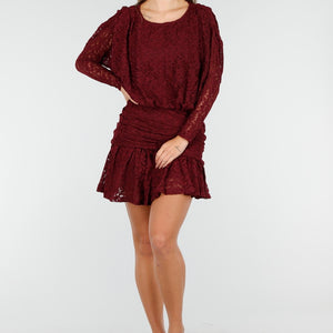 NEW170925 Korte Bordeaux Jurk met Kant