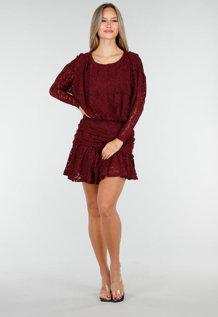 NEW170925 Korte Bordeaux Jurk met Kant