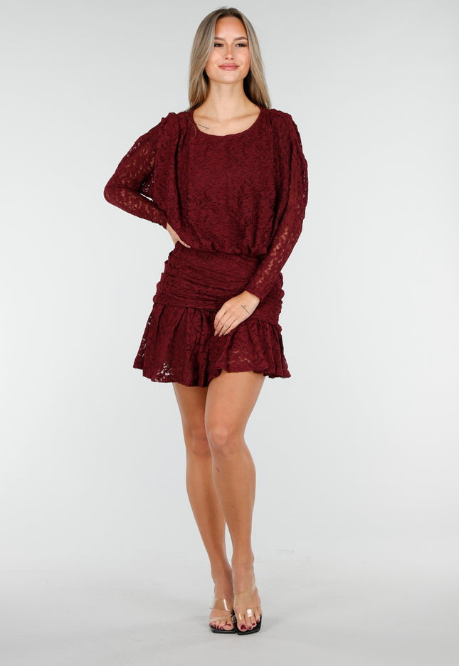 NEW170925 Korte Bordeaux Jurk met Kant