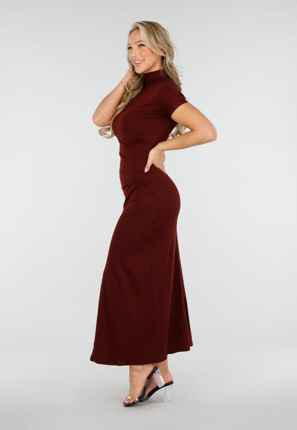 NEW170925 Maxi Stretch Jurk Bordeaux met Split