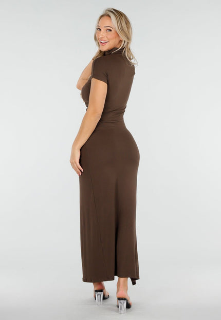 NEW170925 Maxi Stretch Jurk Bruin met Split