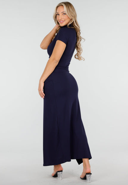 NEW170925 Maxi Stretch Jurk met Split Blauw