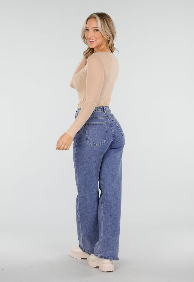 NEW170925 Mesh Stretch Top Beige met Lange Mouw