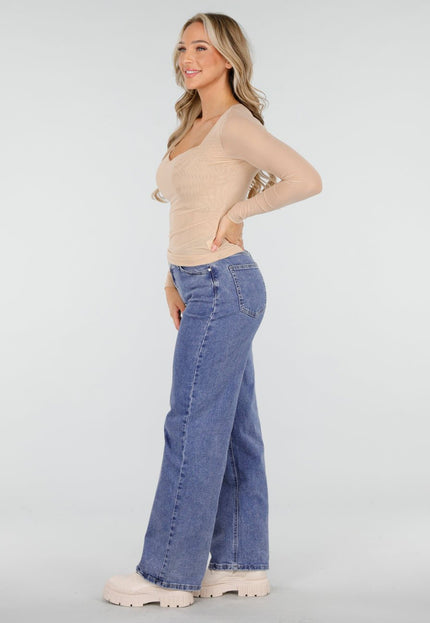 NEW170925 Mesh Stretch Top Beige met Lange Mouw