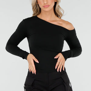 NEW170925 One Shoulder Stretch Top Zwart