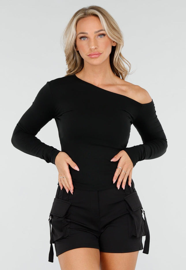 NEW170925 One Shoulder Stretch Top Zwart