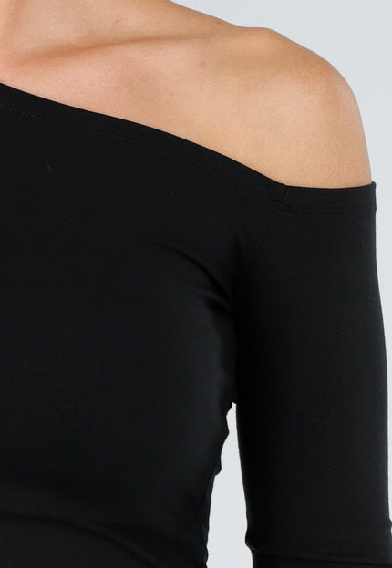 NEW170925 One Shoulder Stretch Top Zwart