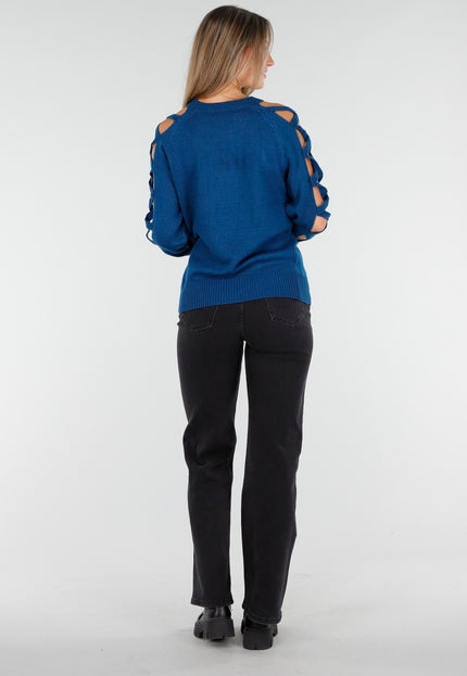 OP=OP.AV.10 Petrol Trui met Opengewerkte Mouwen