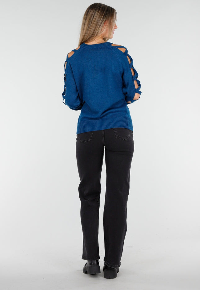 OP=OP.AV.10 Petrol Trui met Opengewerkte Mouwen