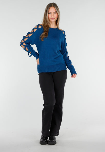 OP=OP.AV.10 Petrol Trui met Opengewerkte Mouwen