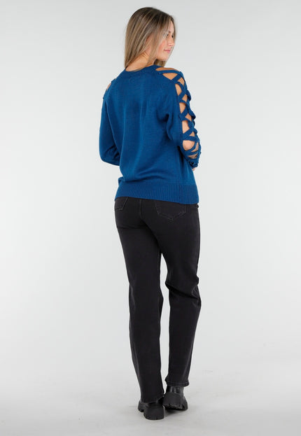 OP=OP.AV.10 Petrol Trui met Opengewerkte Mouwen